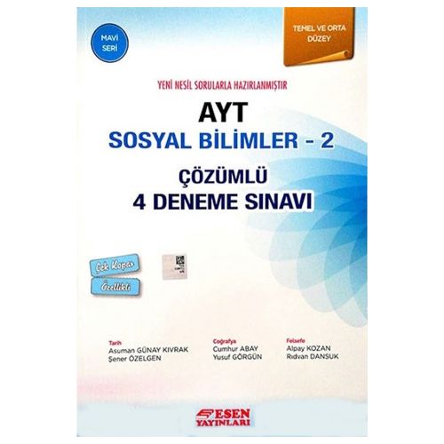 YKS AYT Sosyal Bilimler 2 Çözümlü 4 Deneme Sınavı Mavi Seri Esen Yayınları