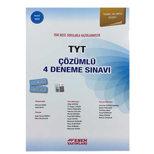 YKS TYT Çözümlü 4 Deneme Sınavı Mavi Seri Esen Yayınları