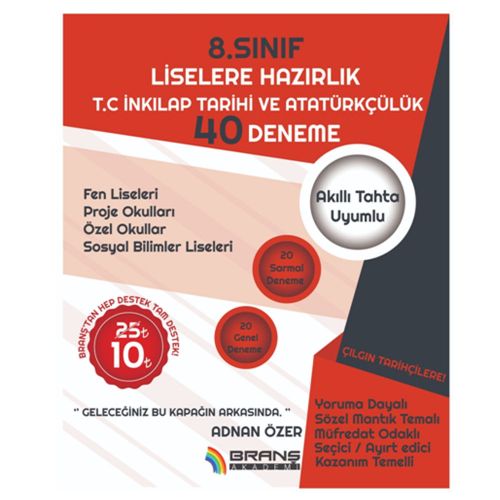 8. Sınıf LGS T.C. İnkılap Tarihi ve Atatürkçülük 40 Deneme Branş Akademi Yayınları 2019